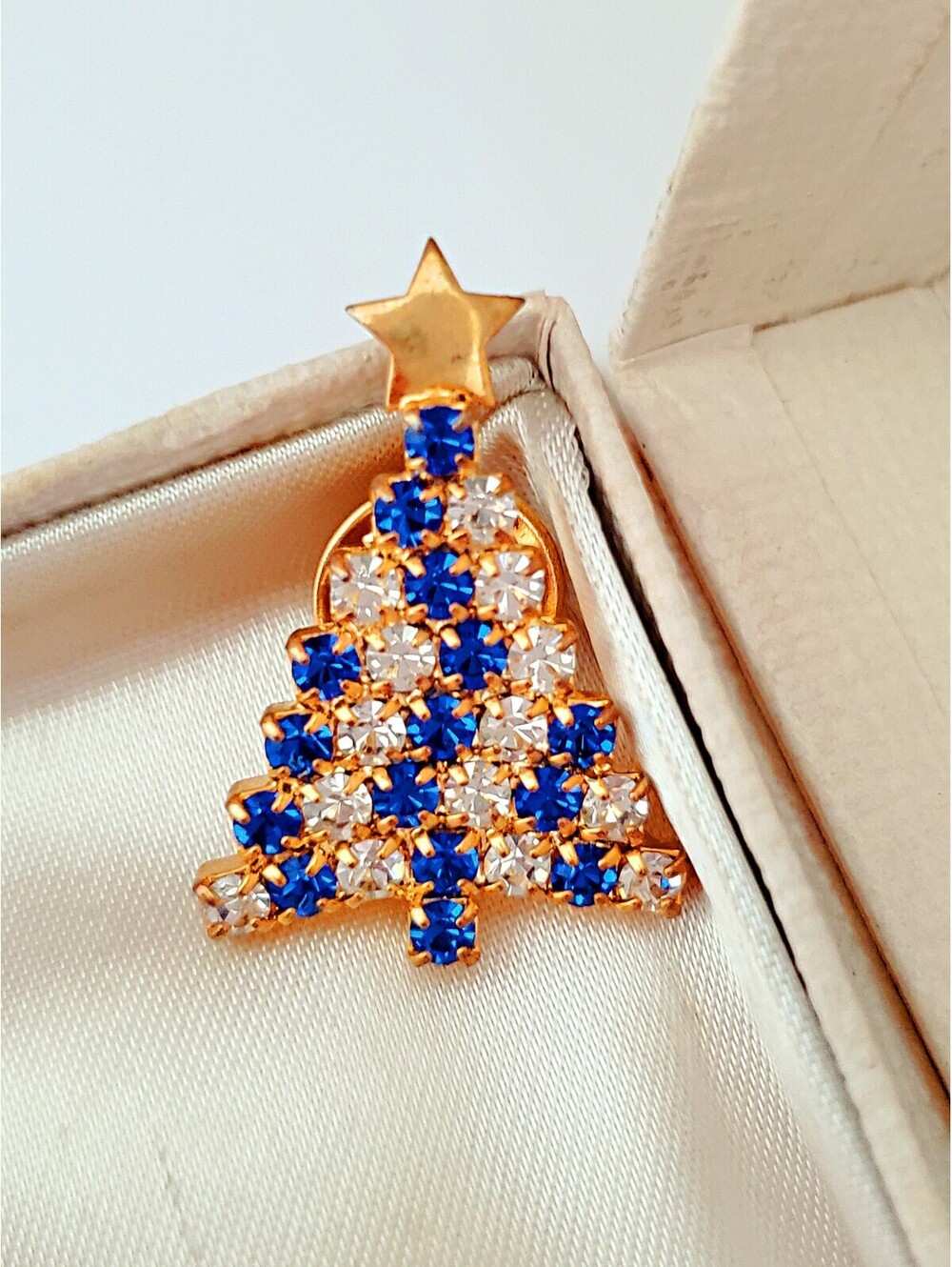 Vintage Mini Blue and Clear Rhinestone Christmas Tree Pin